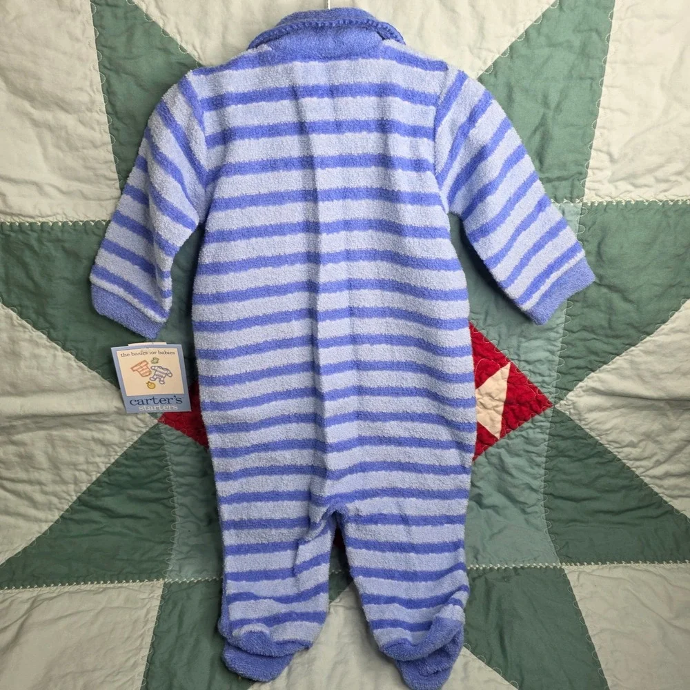 Vintage Carters Starters Blue Striped Turtle Bee Fleece Sleeper 3-6M Terrycloth